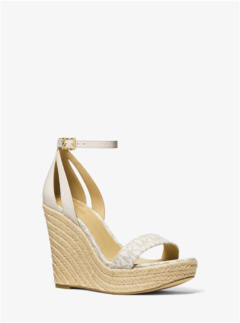 michael michael kors kimberly leather wedge sandal|Michael Kors denim wedges.